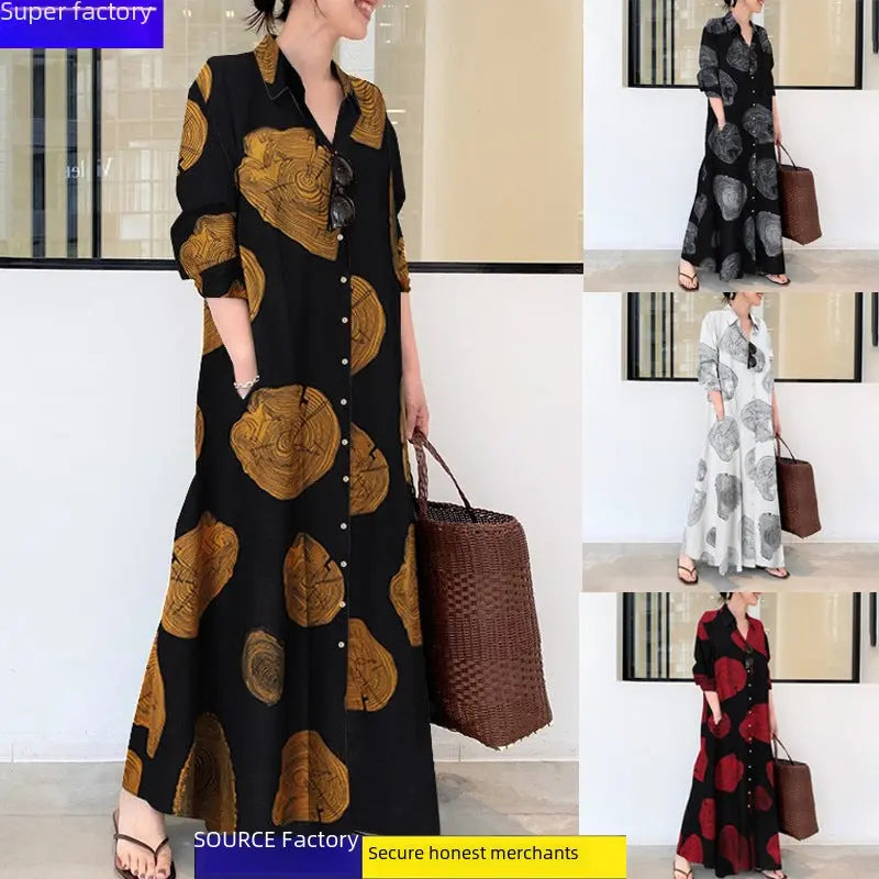 Large size women's clothing wholesale Muslim cotton linen print long sleeves simple loose casual long shirt Japanese Korean dress halish Collection