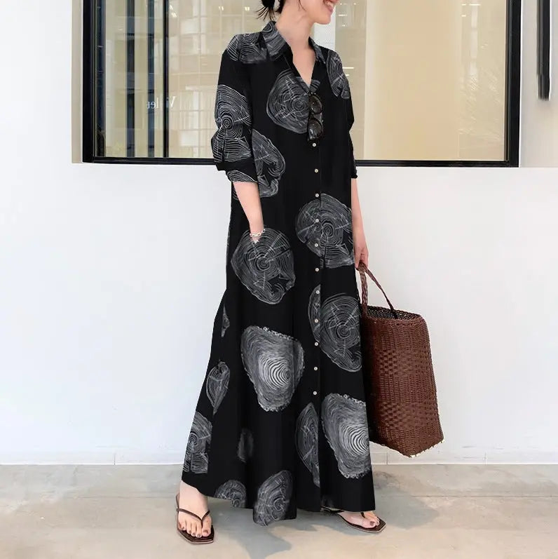Large size women's clothing wholesale Muslim cotton linen print long sleeves simple loose casual long shirt Japanese Korean dress halish Collection